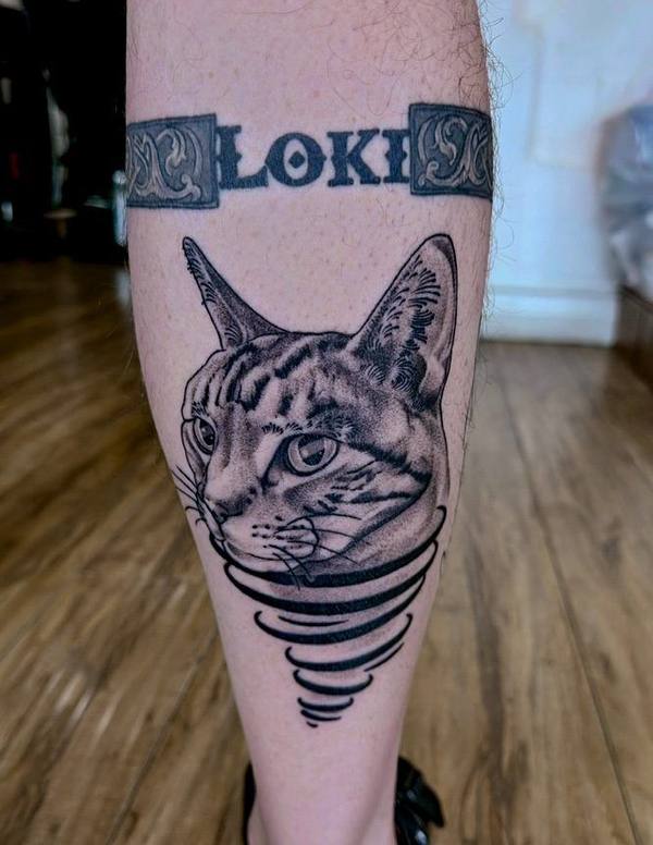 Black and gray pet cat portrait tattoo by Cihan Pohrenk