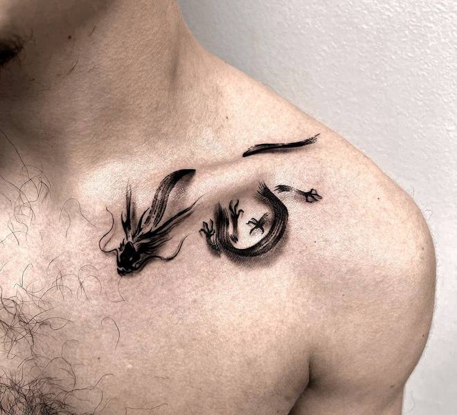 Illustrative ink brush dragon tattoo by Cihan Pohrenk