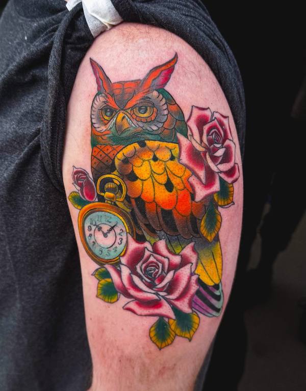 Color traditional owl tattoo with roses and a pocket watch by Cihan Pohrenk