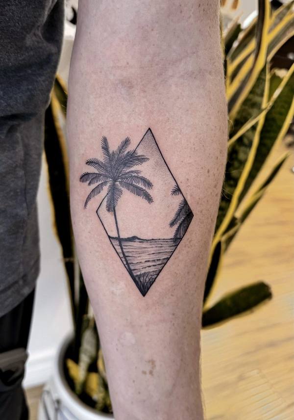 Fine line palm tree beach tattoo by Cihan Pohrenk in Venice, Los Angeles