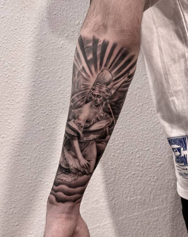 Black and gray realism classical statue sleeve tattoo by Cihan Pohrenk in Venice, Los Angeles