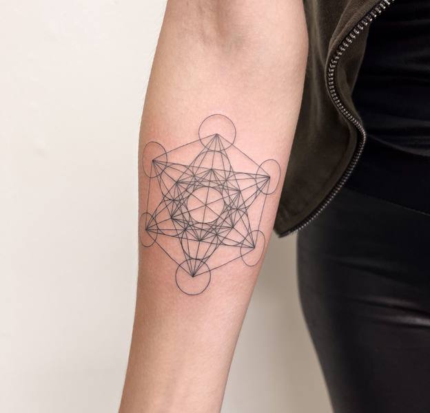 Metatron's cube sacred geometry fine line forearm tattoo by Cihan Pohrenk