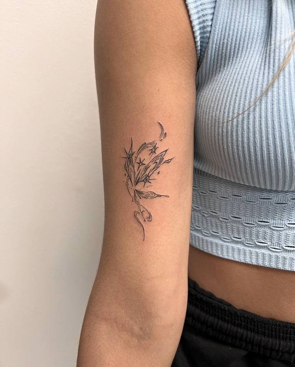 Star and moon abstract fine line shoulder tattoo by Cihan Pohrenk in Venice, Los Angeles
