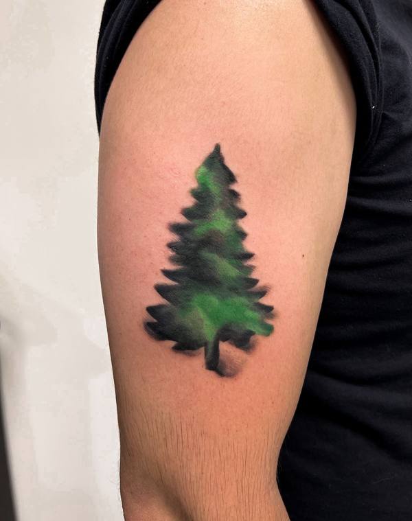 Watercolor style pine tree color arm tattoo by Cihan Pohrenk in Venice, Los Angeles