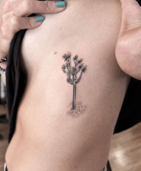 Micro realism Joshua tree rib tattoo by Cihan Pohrenk in Venice, Los Angeles
